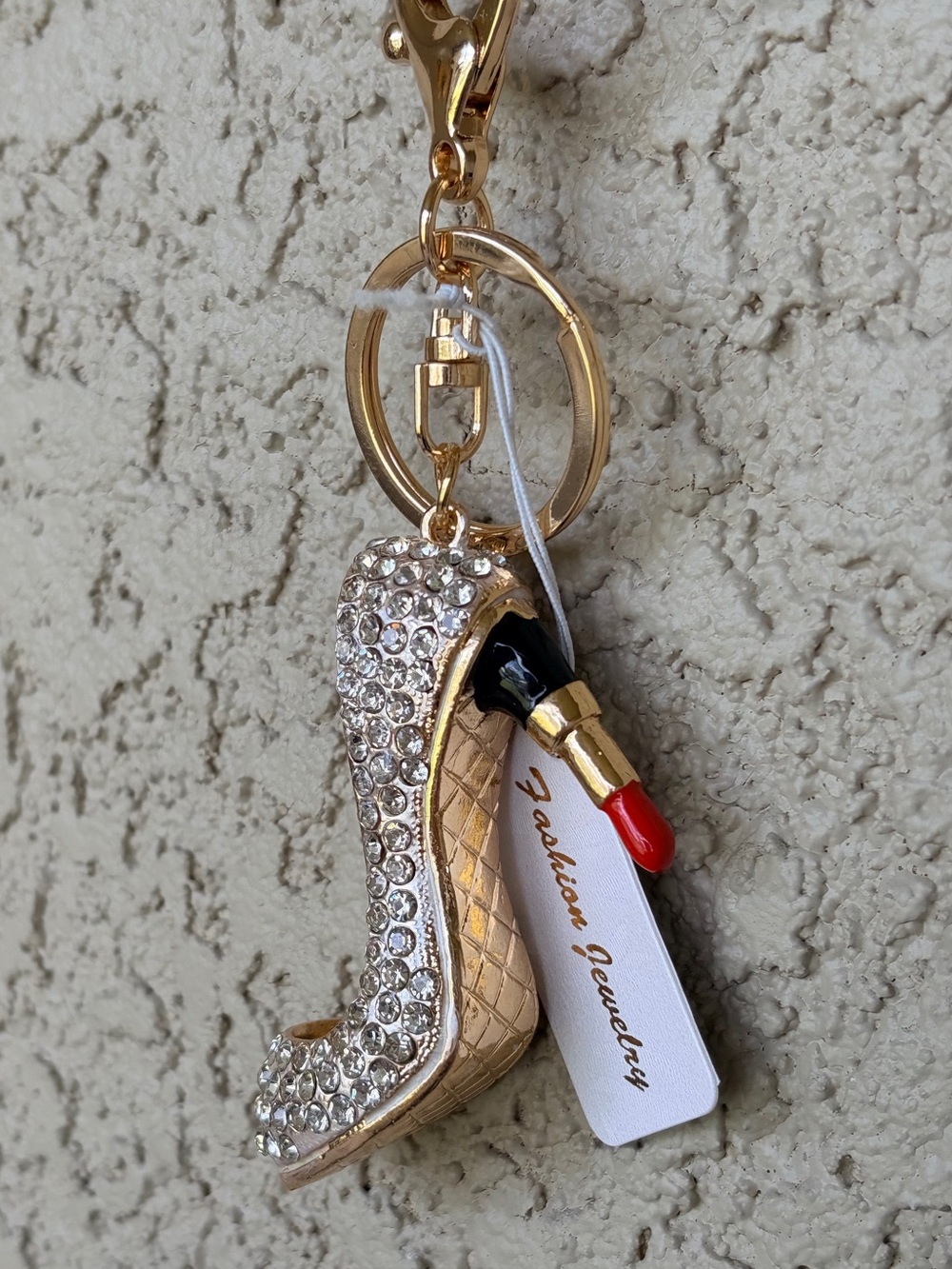 Bougie Gold Crystal High Heel Keychain with Red Lipstick Accent - Picture 7 of 9